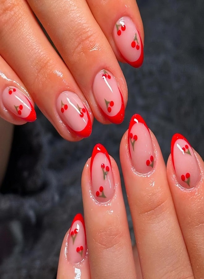 GRITOSE Red Press on Nail Short Fake Nails French Tip Press ones with designs Cherry False Nails Glossy Almond Acrylic Nail Artificial Gel Cute Glue on Nails for Women Manicure24pcs - Image 1